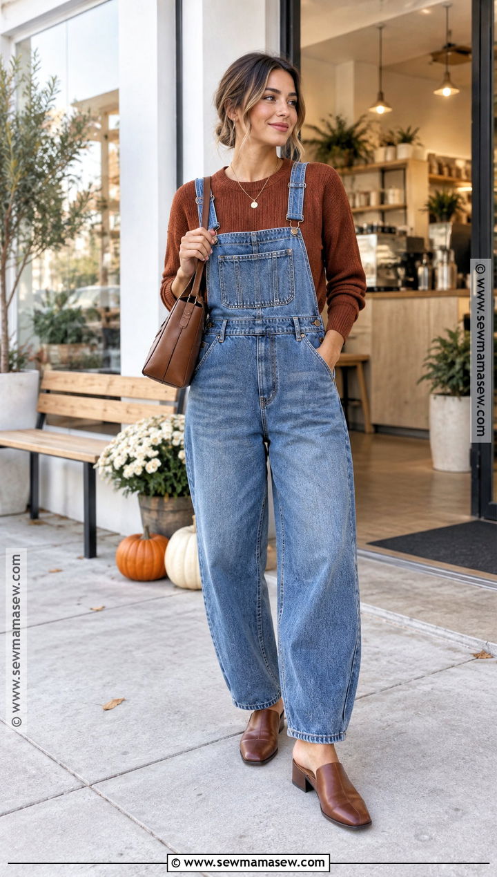 Barrel Leg Overalls With Crewneck Sweater and Mules - 20 styling overalls fall