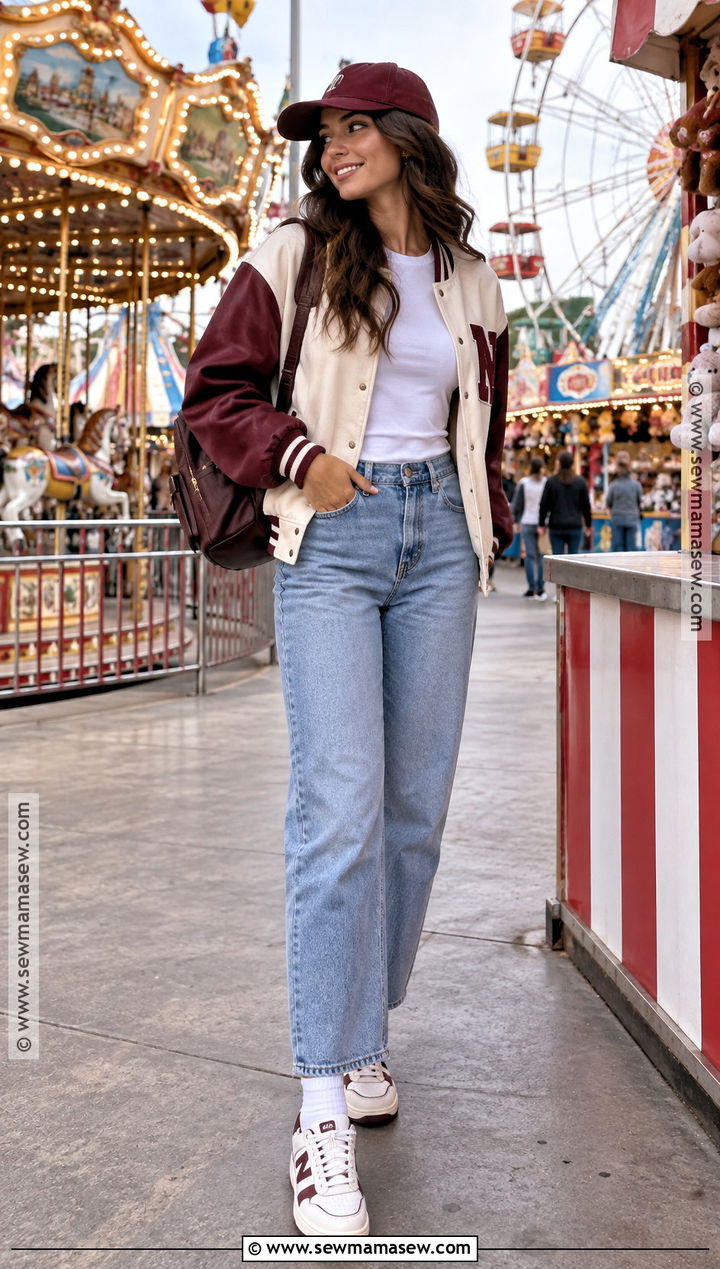 Baseball Cap And Varsity Jacket Fall Amusement Park Outfit - 20 fall amusement park outfit ideas
