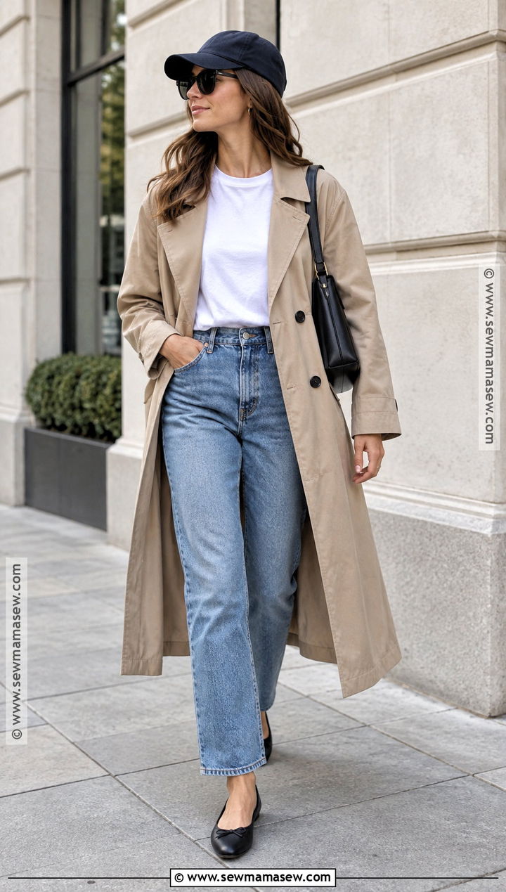 Baseball Cap With Trench Coat and Straight Jeans - 20 fall hat ideas
