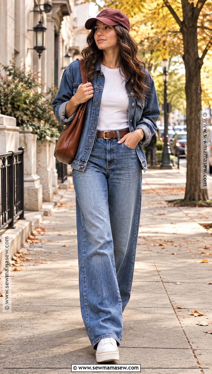 Baseball Hat With Denim Jacket And Wide Leg Jeans - 20 baseball hat outfit fall ideas
