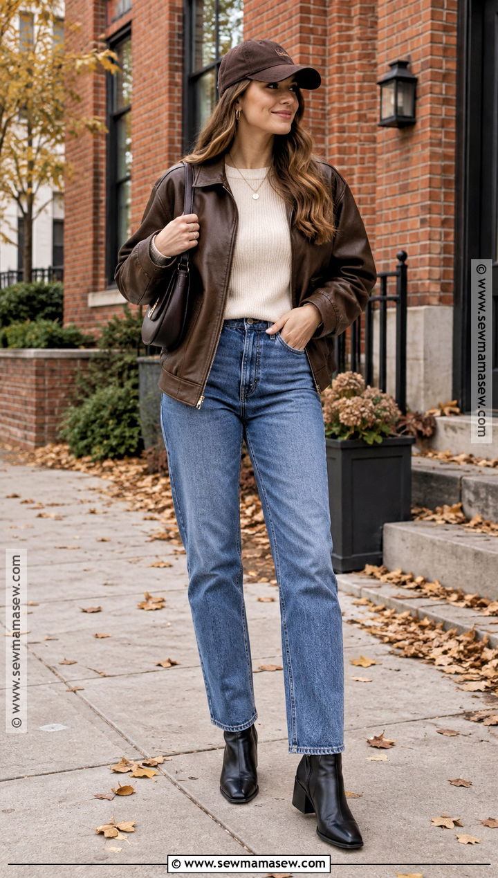Baseball Hat With Leather Jacket And Straight Jeans - 20 baseball hat outfit fall ideas