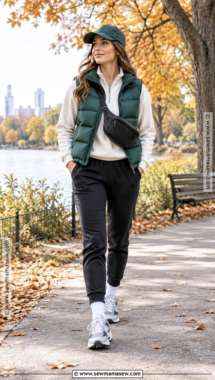 Baseball Hat With Puffer Vest And Joggers - 20 baseball hat outfit fall ideas