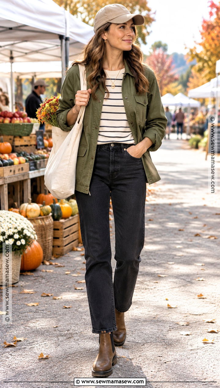 Baseball Hat With Utility Jacket And Black Jeans - 20 baseball hat outfit fall ideas