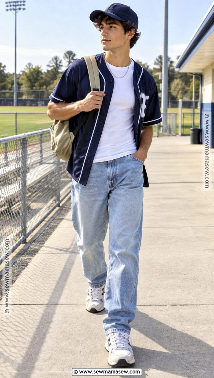 Baseball Jersey And Relaxed Jeans Outfit - 25 back to school outfits summer