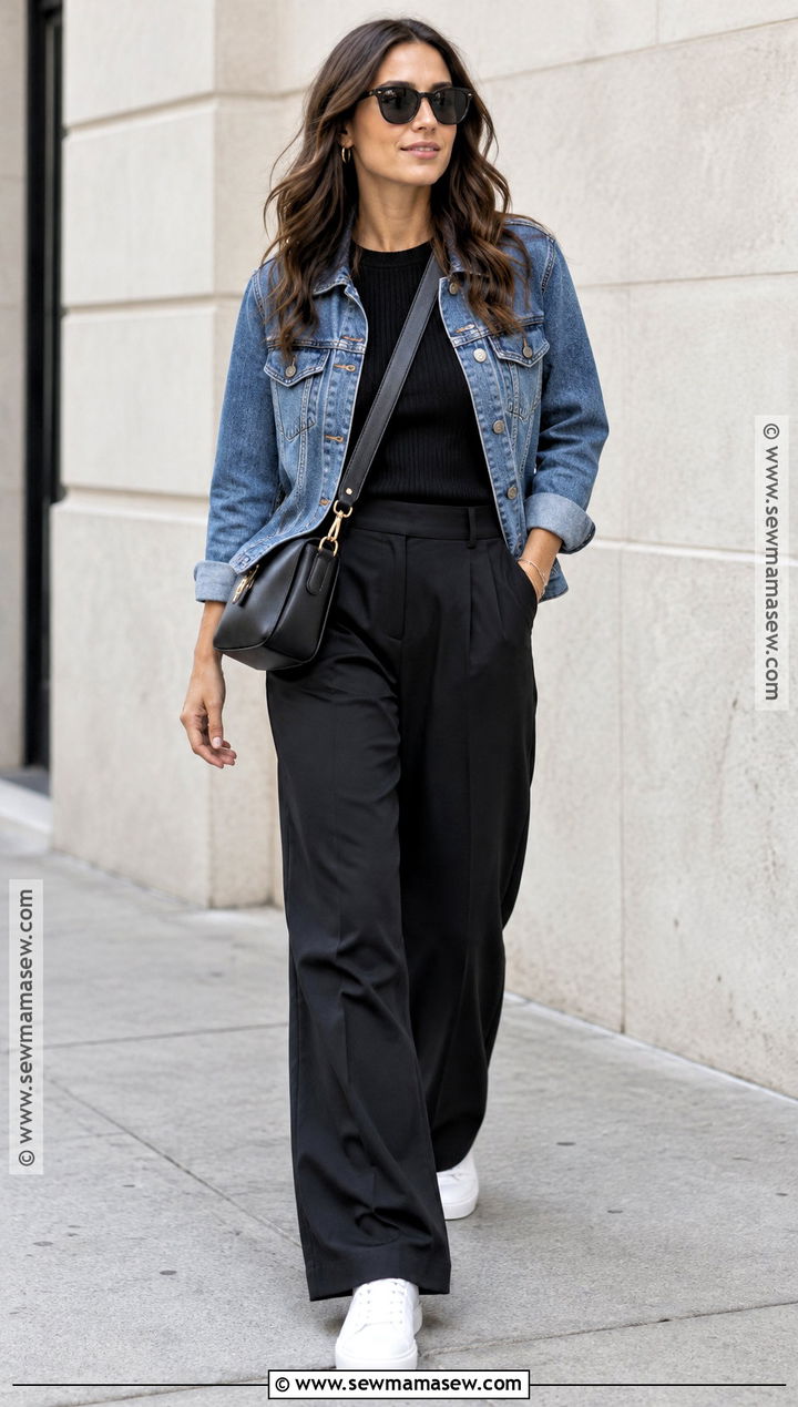 Basic Autumn Denim Jacket And Black Trousers Outfit - 25 basic autumn outfits