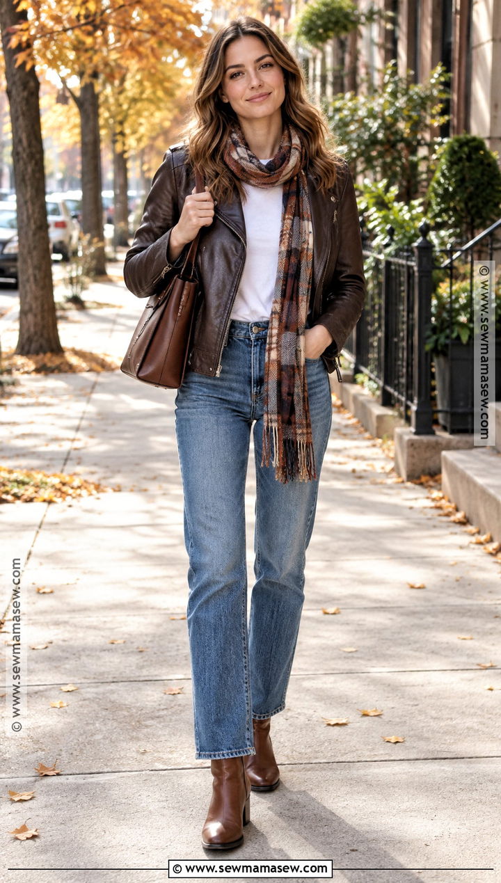 Basic Autumn Leather Jacket And Blue Jeans Outfit - 25 basic autumn outfits