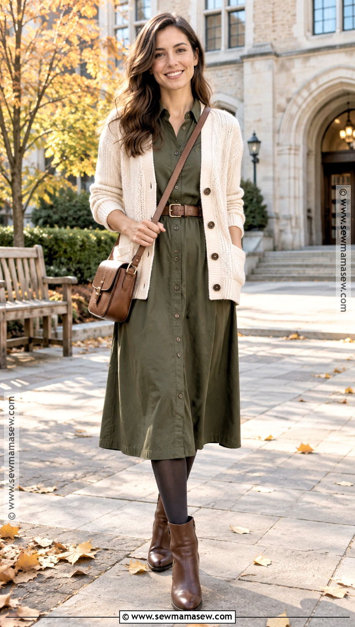 Basic Autumn Shirt Dress And Cardigan Outfit - 25 basic autumn outfits