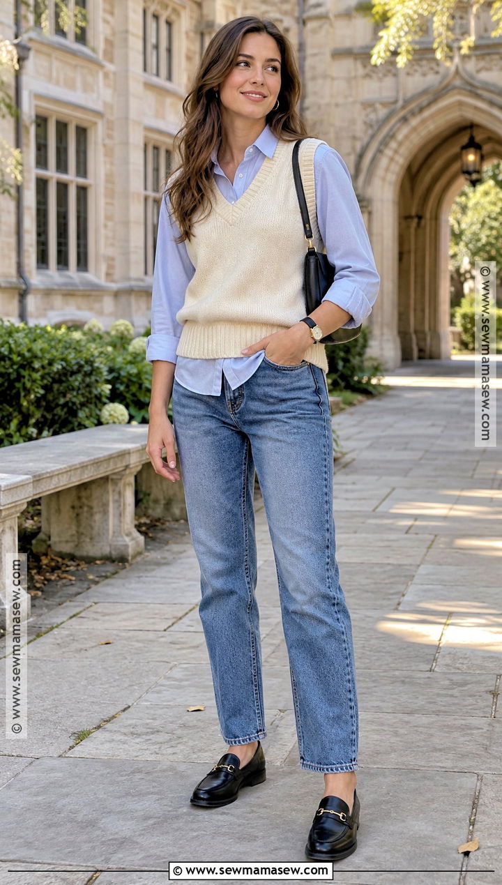 Basic Fall Outfit With A Sweater Vest And Button Down Shirt - 25 basic outfits fall