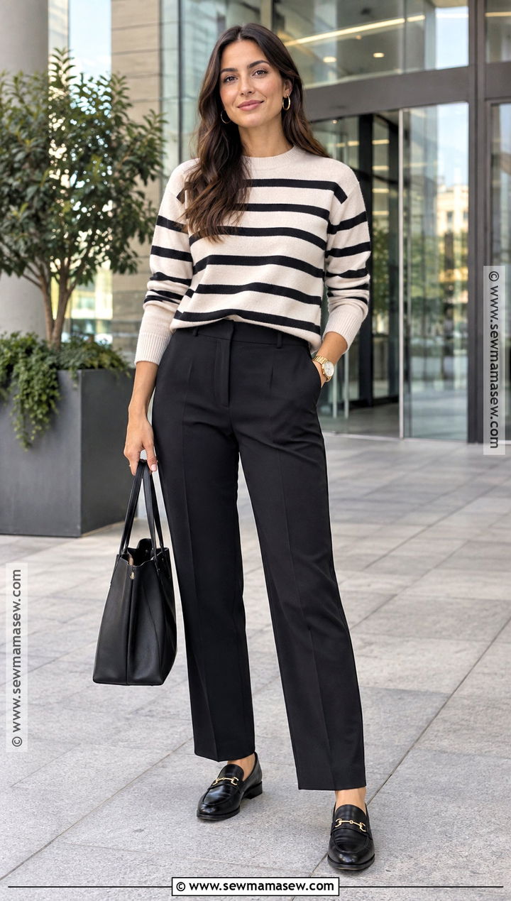 Basic Fall Outfit With Striped Sweater And Black Trousers - 25 basic fall outfits
