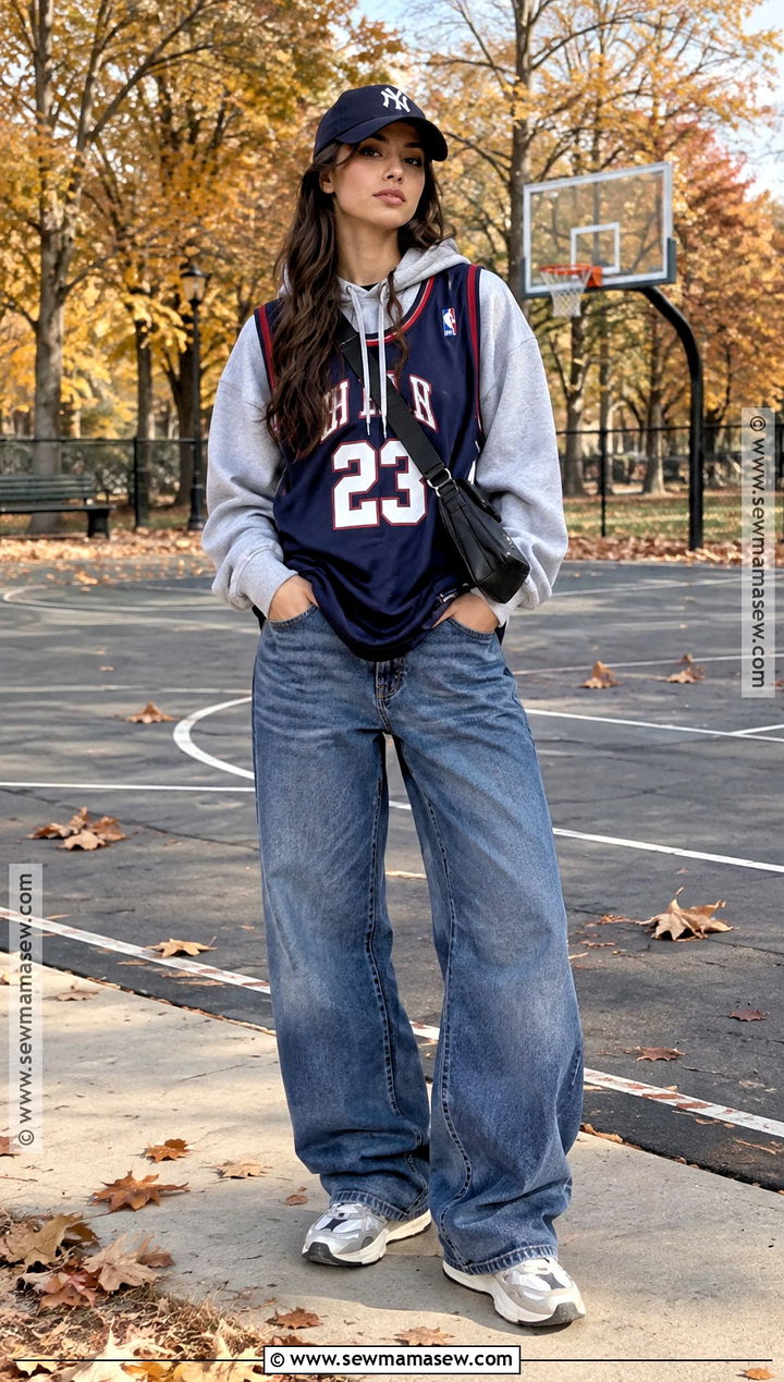 Basketball Jersey With A Hoodie And Baggy Jeans - 15 Fall Jersey Outfit Ideas