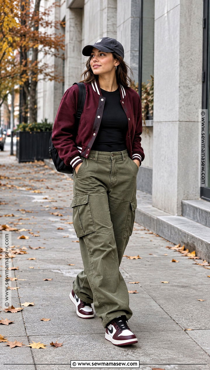 Basketball Sneakers With Varsity Jacket And Cargo Pants - 15 Fall Fashion Sneaker Ideas