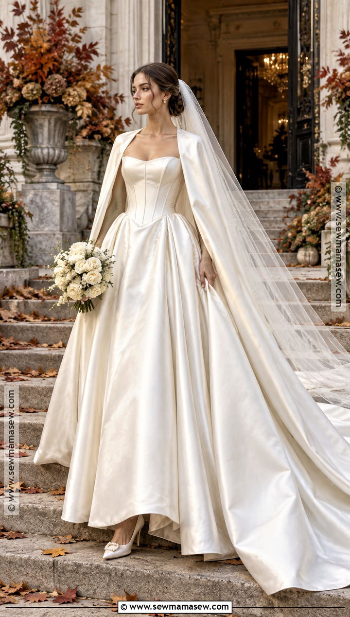 Basque Waist Satin Fall Wedding Dress - 15 Classic Fall Wedding Dress Ideas