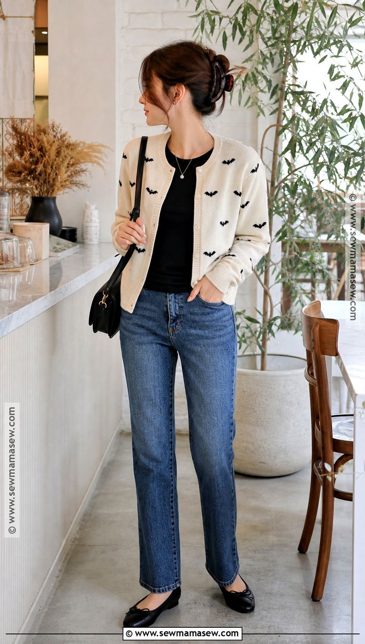 Bat Print Cardigan And Straight Jeans Outfit - 35 casual halloween outfits