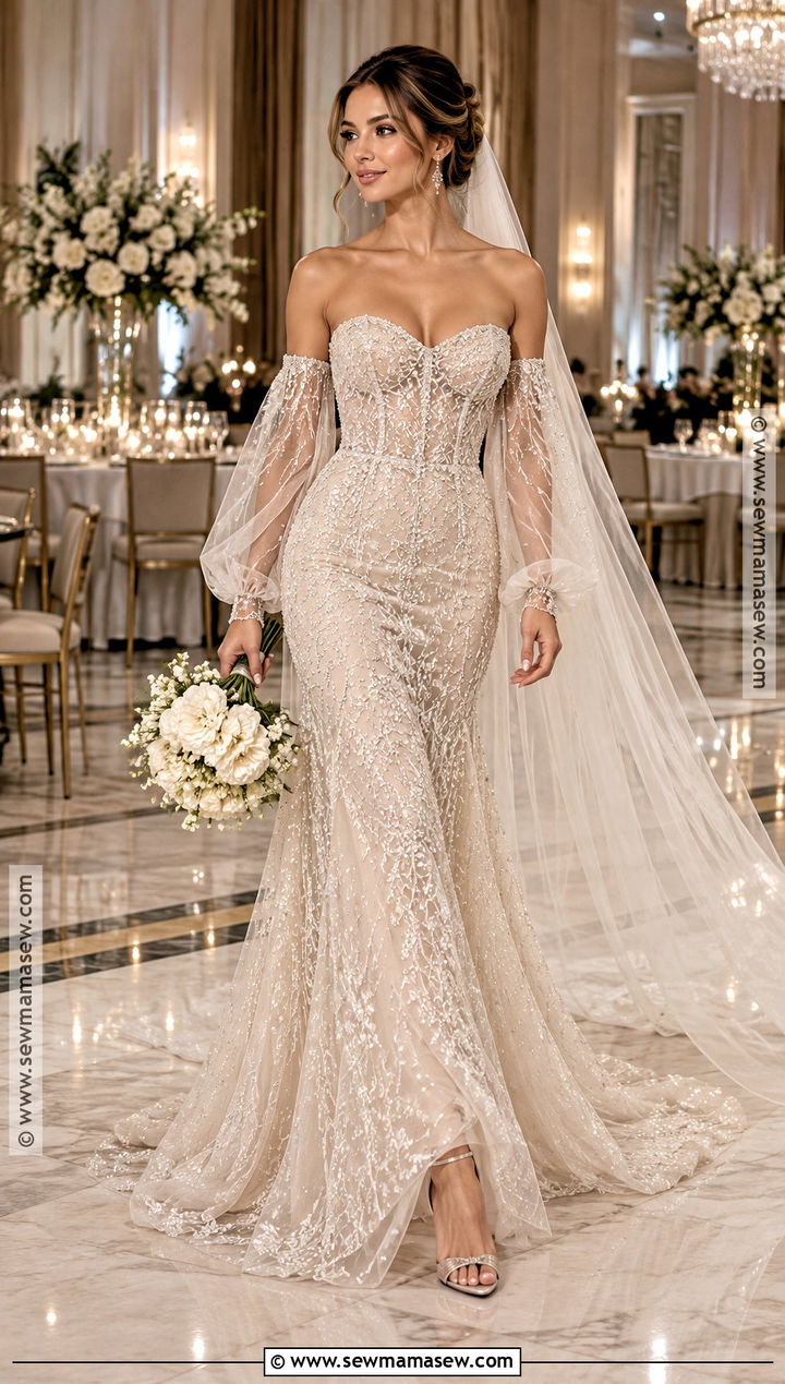 Beaded Bridal Dress With Detachable Sleeves - 15 autumn bridal dress ideas