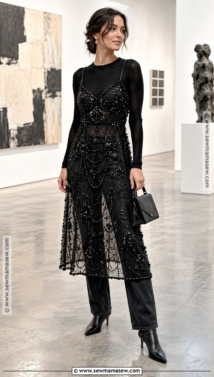 Beaded Dress Over Jeans Outfit - 15 Autumn Winter Fashion Collection Ideas