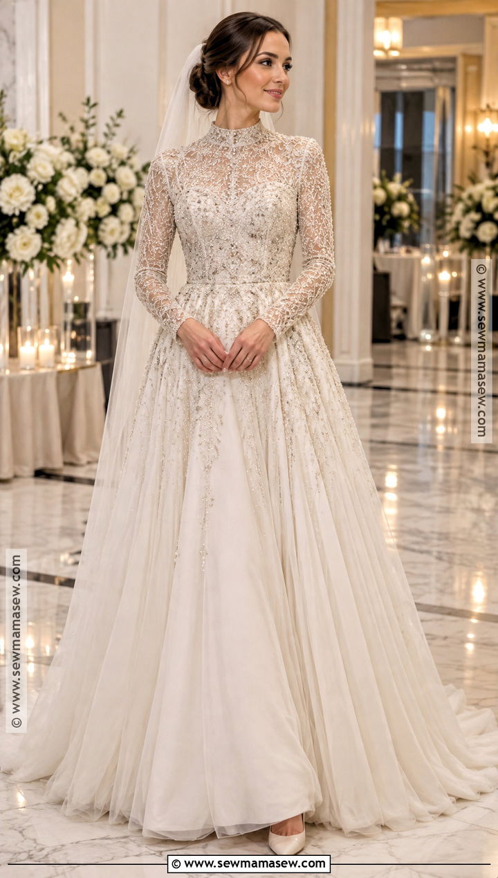 Beaded Long Sleeve Tulle Wedding Dress - 15 Modest Fall Wedding Dresses