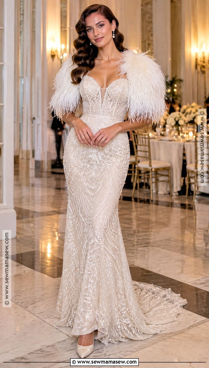 Beaded Wedding Dress With Feather Capelet - 15 Fall Wedding Dress Coverup Ideas