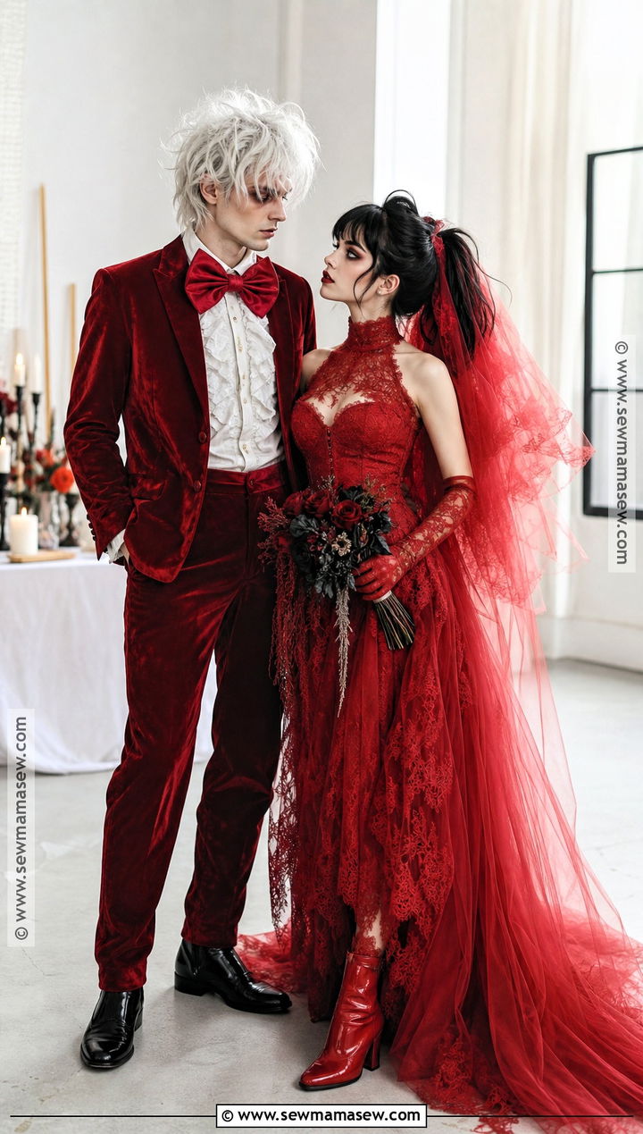 Beetlejuice And Lydia Matching Red Wedding Costume - 30 beetlejuice couple costume ideas