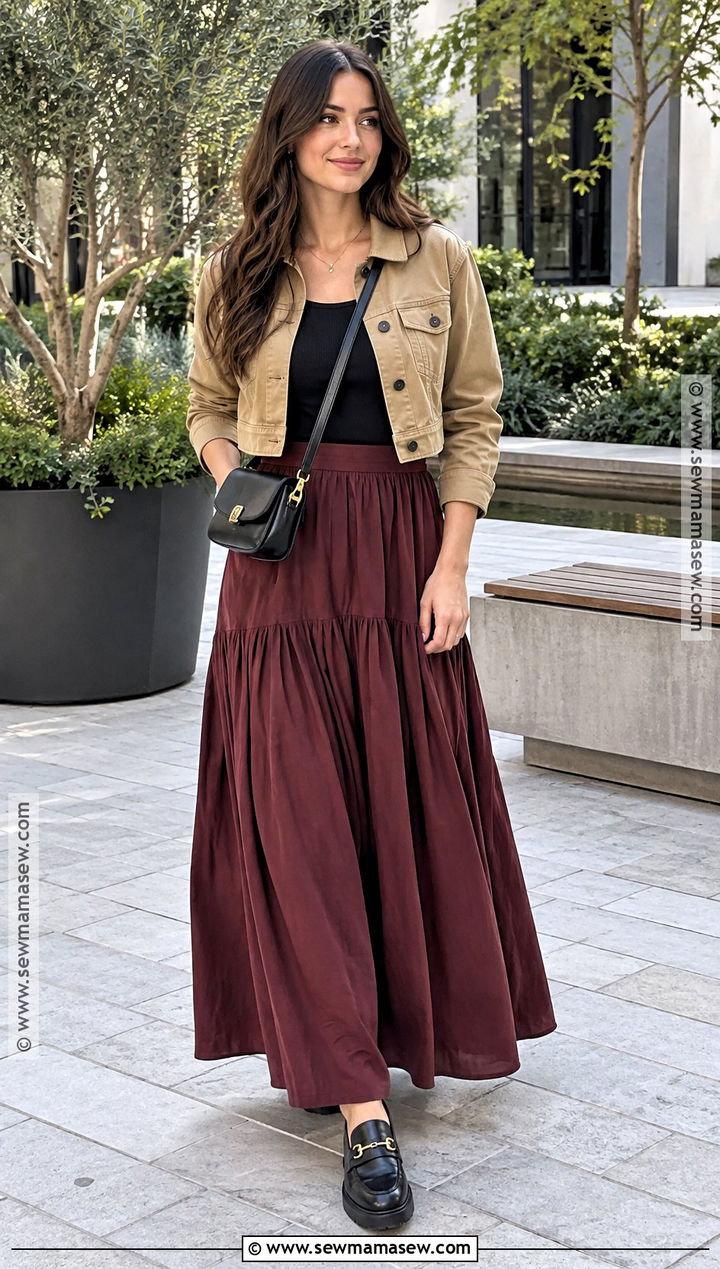 Beginning Of Fall Outfit With Cropped Jacket And Maxi Skirt - 25 beginning of fall outfit ideas