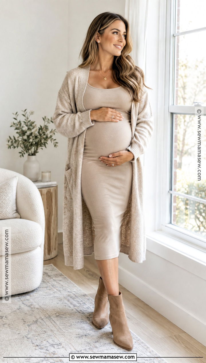 Beige Bodycon Dress With Long Cardigan - 15 maternity photo outfits fall