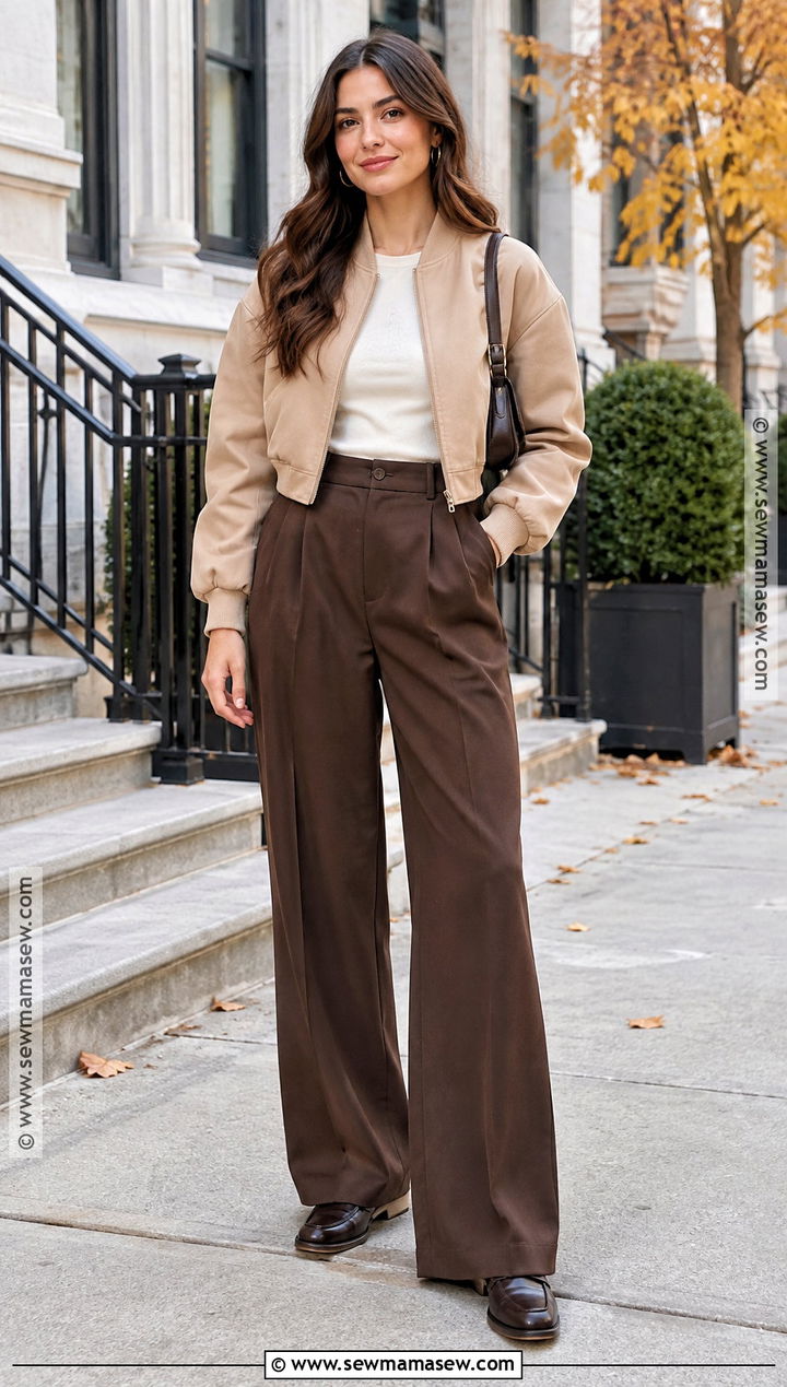 Beige Bomber Jacket With Tailored Pants - 15 autumn beige outfit style ideas