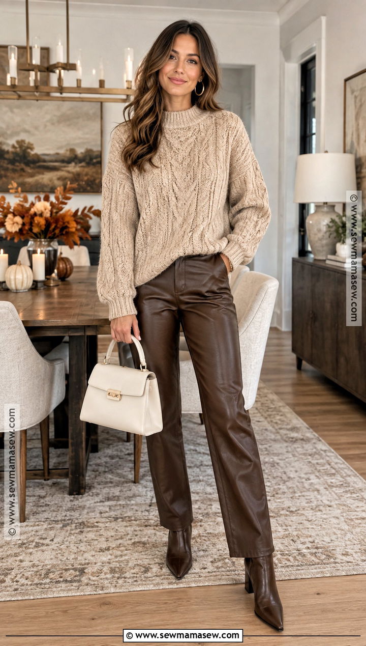 Beige Cable Knit Sweater And Leather Pants Thanksgiving Outfit - 15 beige thanksgiving outfit ideas