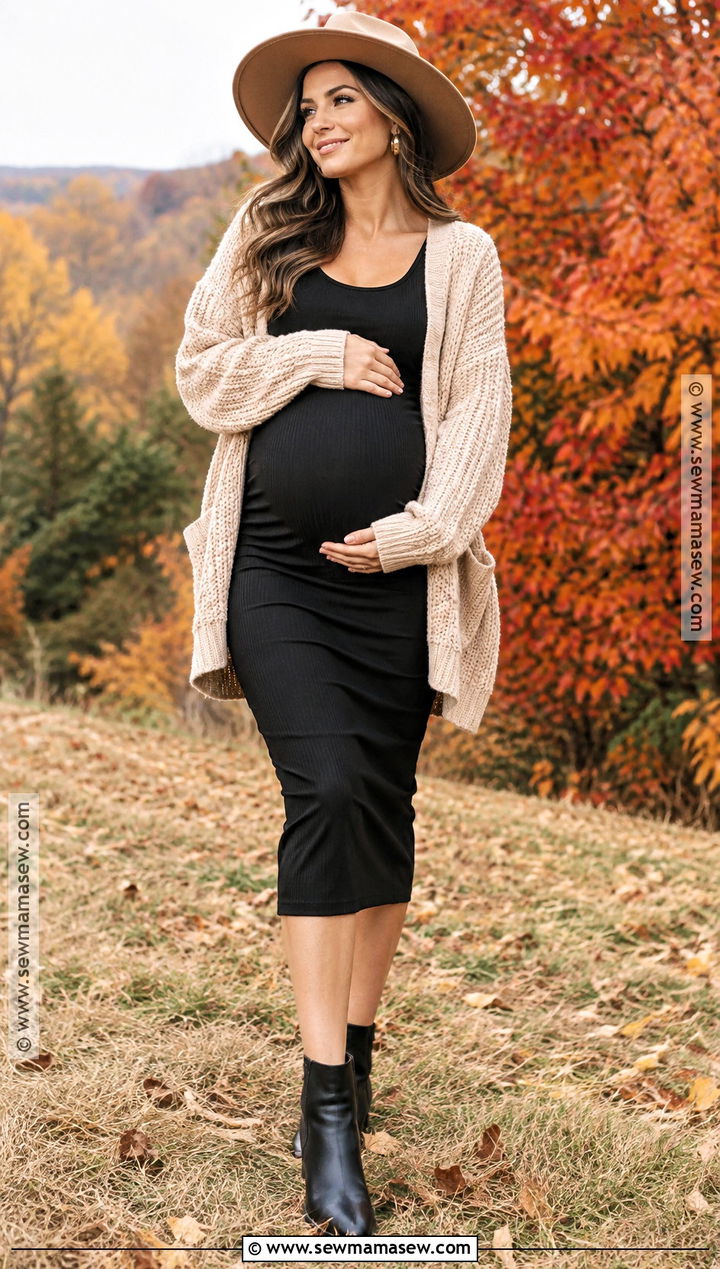 Beige Cardigan And Black Maternity Dress Photoshoot - 20 maternity fall outfits photoshoot