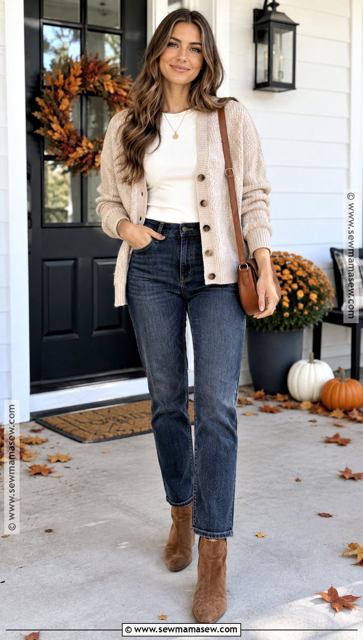 Beige Cardigan And Dark Jeans Thanksgiving Outfit - 15 beige thanksgiving outfit ideas