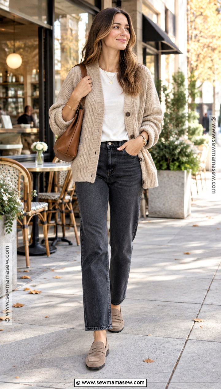 Beige Cardigan And Straight Leg Jeans Fall Outfit - 15 Cozy Neutral Fall Outfits