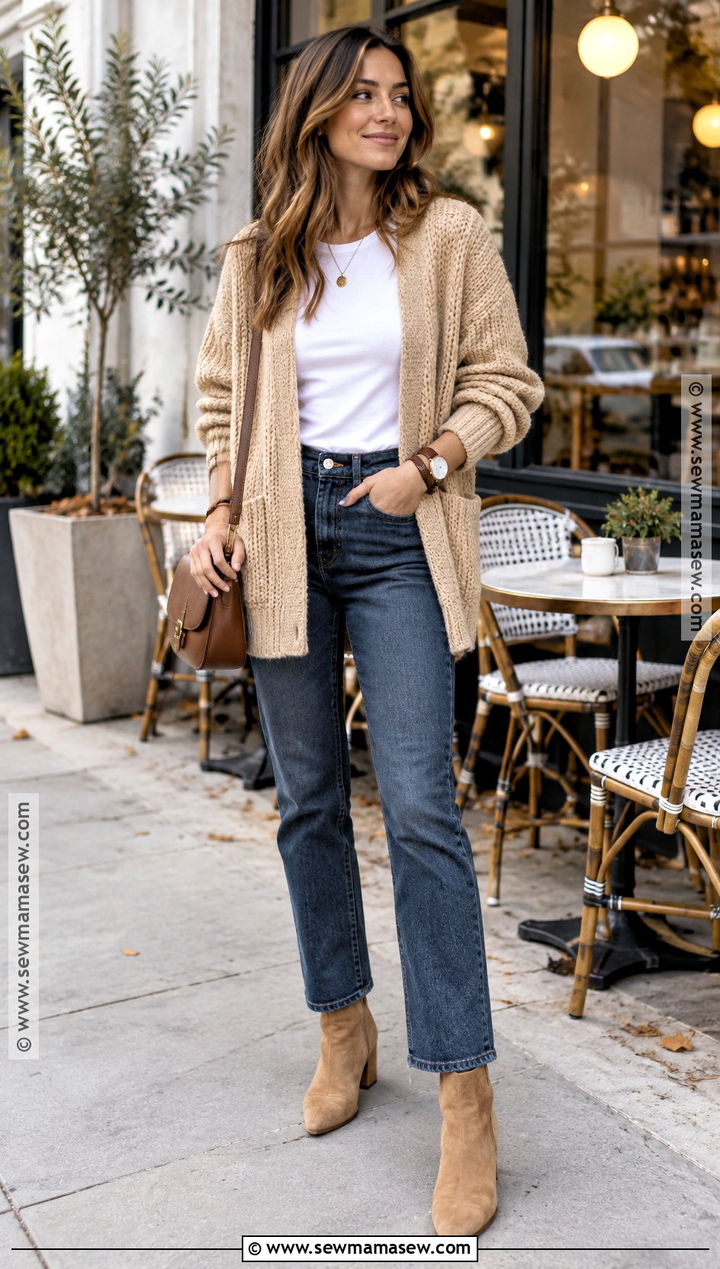 Beige Cardigan With Dark Wash Jeans - 15 autumn beige outfit style ideas