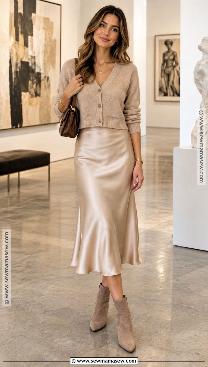 Beige Cardigan With Satin Skirt - 20 beige fall outfit ideas