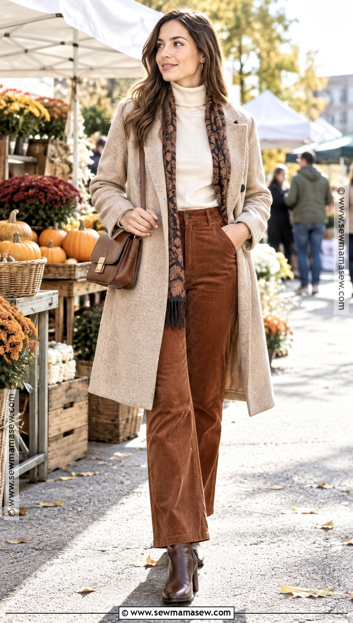 Beige Coat With Corduroy Pants And Turtleneck - 20 autumn outfits beige coat