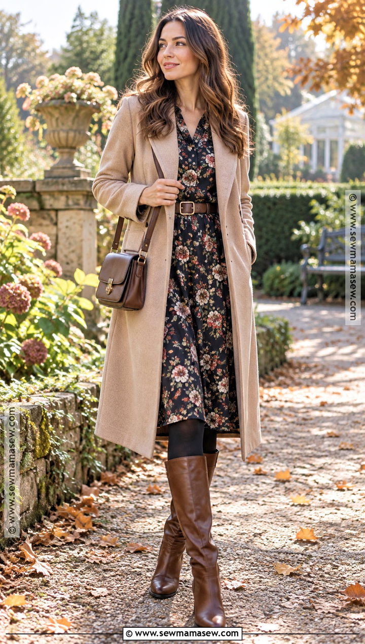 Beige Coat With Floral Midi Dress And Boots - 20 autumn outfits beige coat