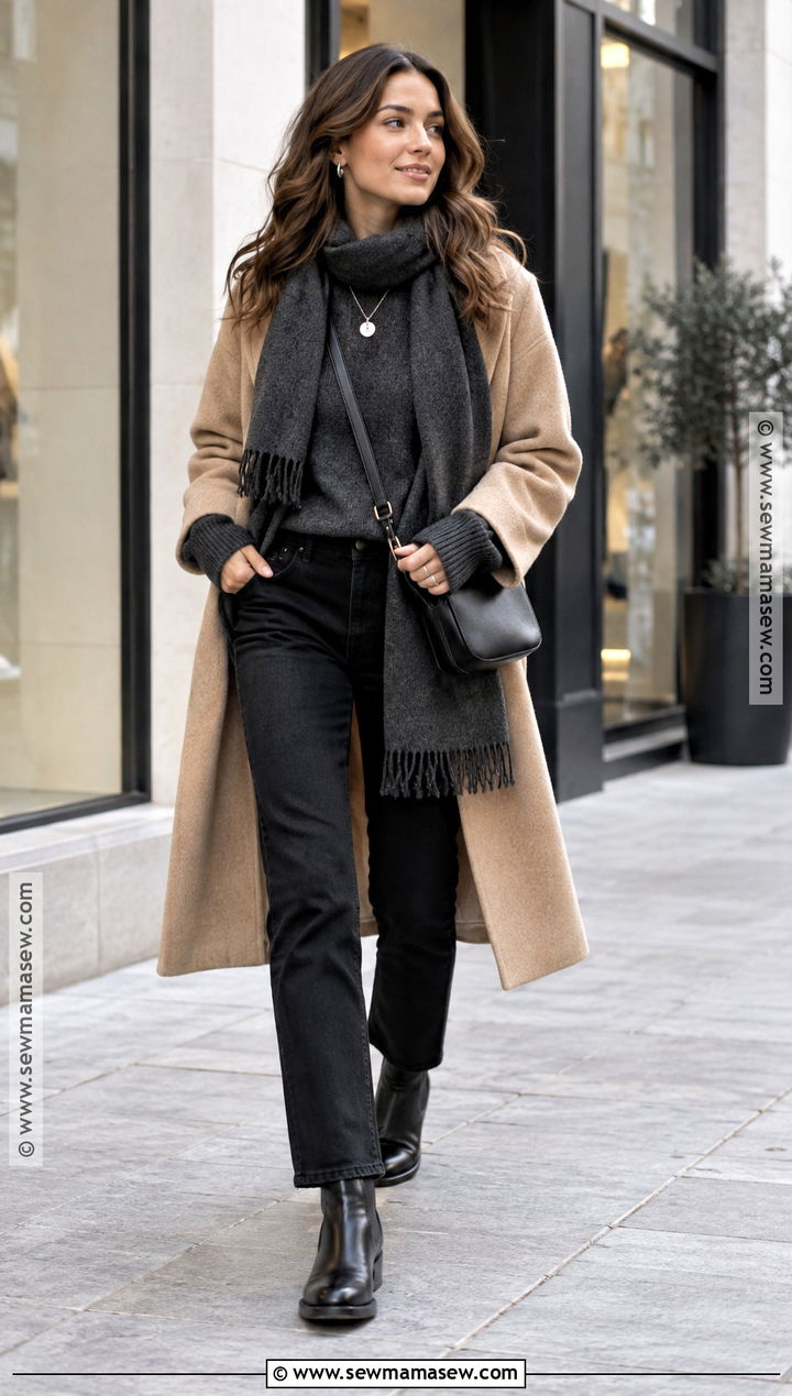 Beige Coat With Gray Sweater And Black Jeans - 20 autumn outfits beige coat