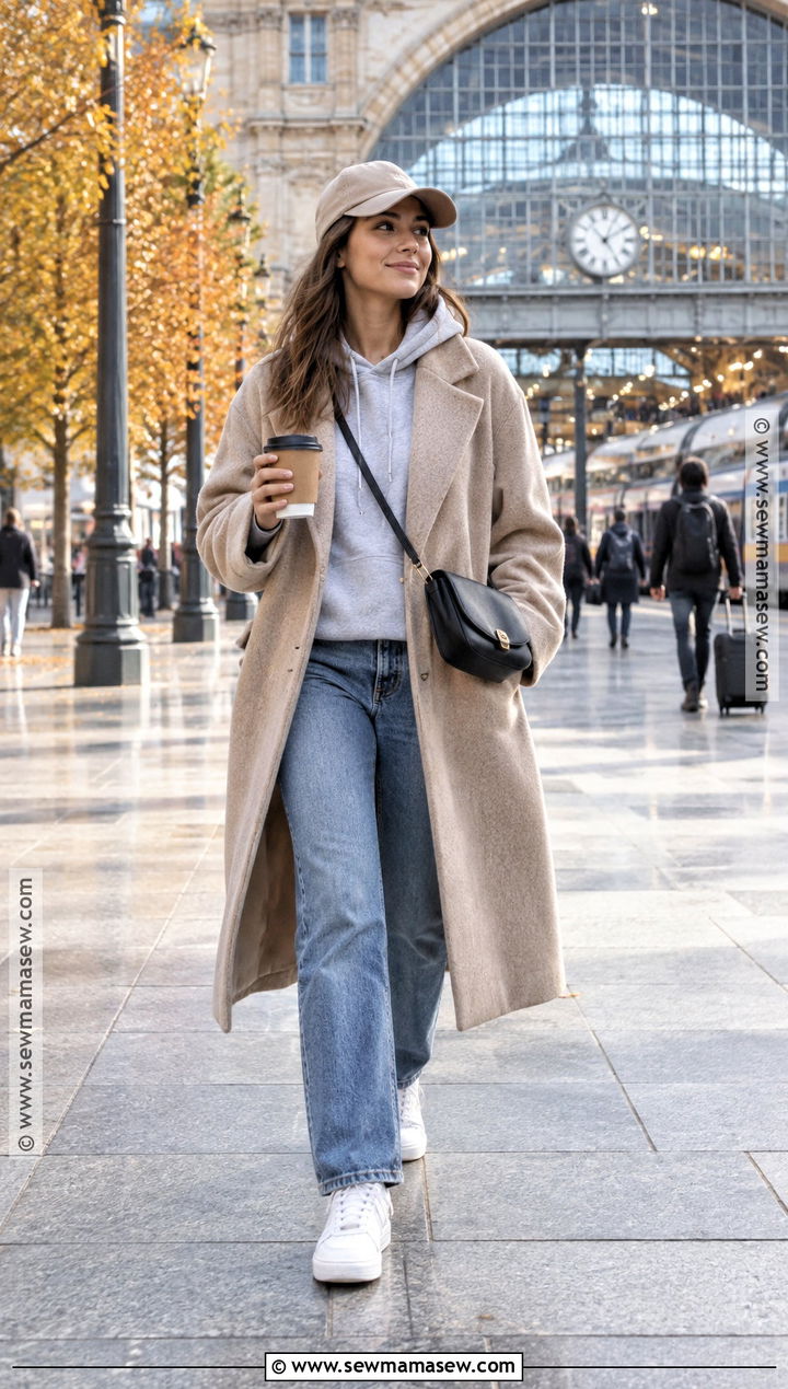 Beige Coat With Hoodie And Straight Leg Jeans - 20 autumn outfits beige coat