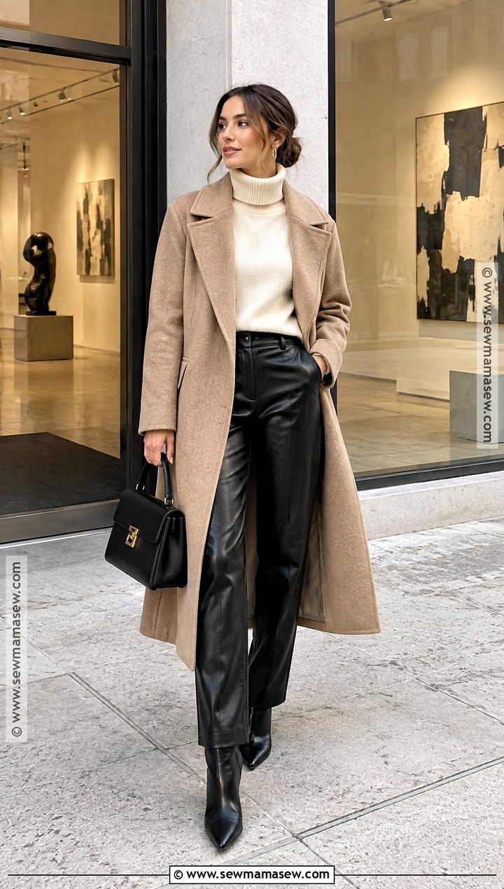 Beige Coat With Leather Pants And Cream Knit - 20 autumn outfits beige coat