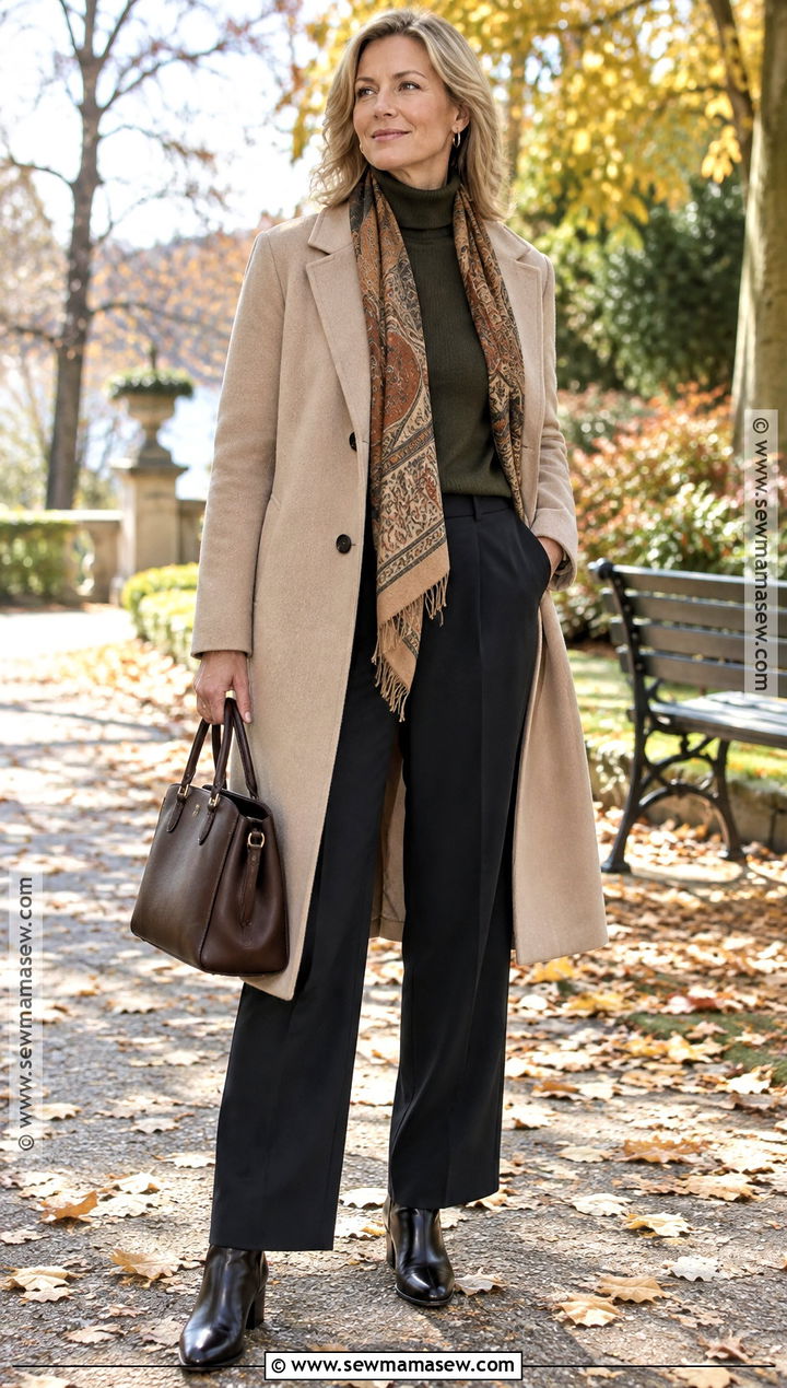 Beige Coat With Olive Sweater And Black Pants - 20 autumn outfits beige coat