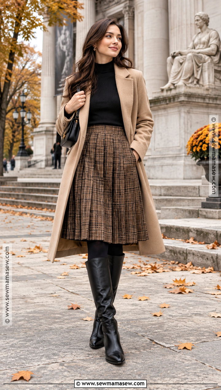 Beige Coat With Plaid Skirt And Knee High Boots - 20 autumn outfits beige coat