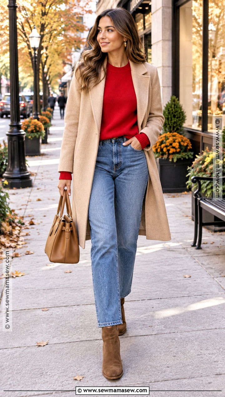 Beige Coat With Red Sweater And Blue Jeans - 20 autumn outfits beige coat