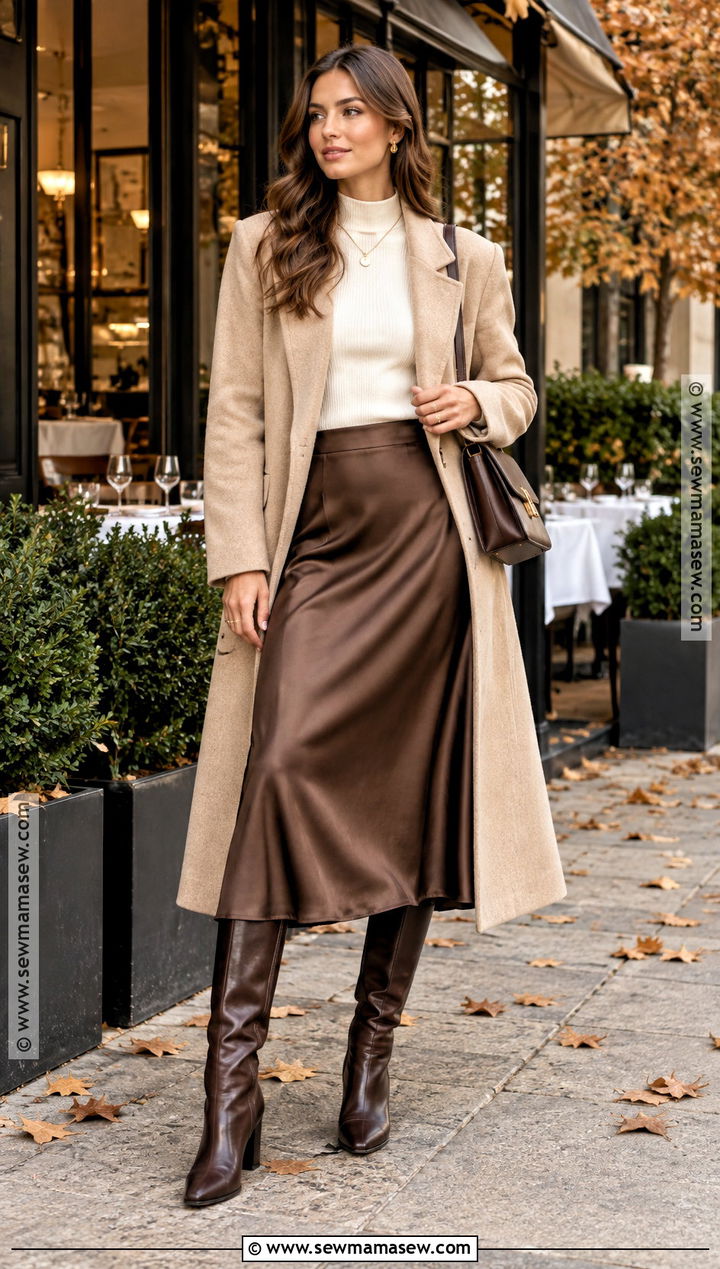 Beige Coat With Satin Midi Skirt And Sweater - 20 autumn outfits beige coat