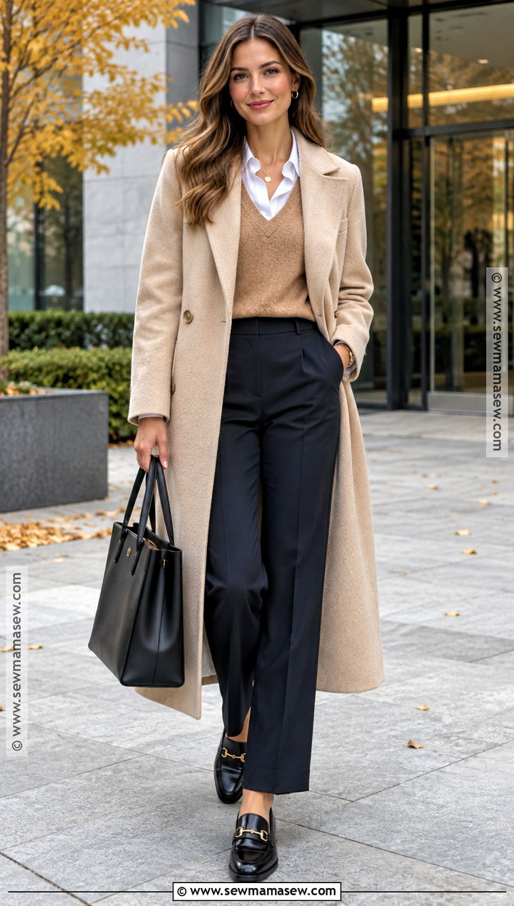Beige Coat With Sweater Vest And Trousers - 15 beige fall fashion coat ideas