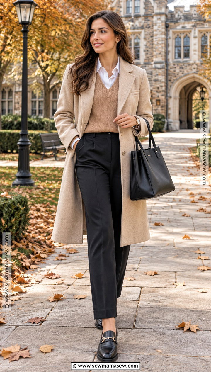 Beige Coat With Sweater Vest And White Shirt - 20 autumn outfits beige coat