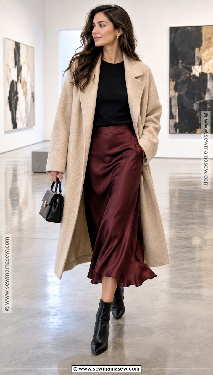 Beige Cocoon Coat With Satin Midi Skirt - 15 beige fall fashion coat ideas