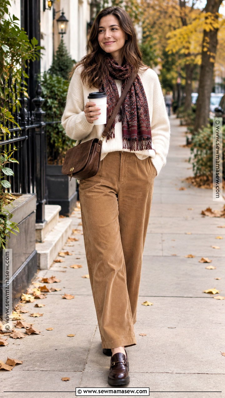 Beige Corduroy Pants With Cream Sweater - 20 beige fall outfit ideas