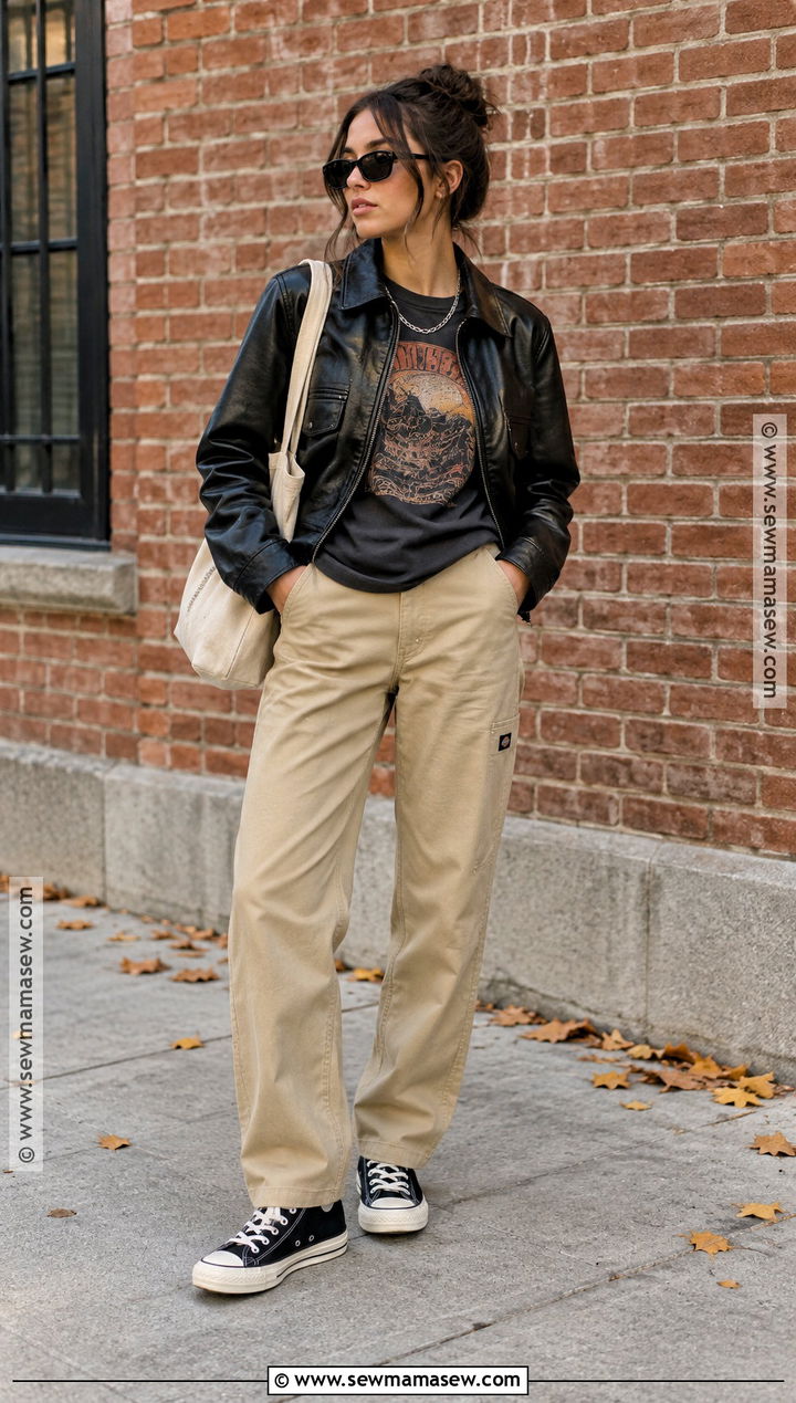 Beige Dickies Pants With Graphic Tee And Leather Jacket - 15 Dickies Pants Outfits Women Fall