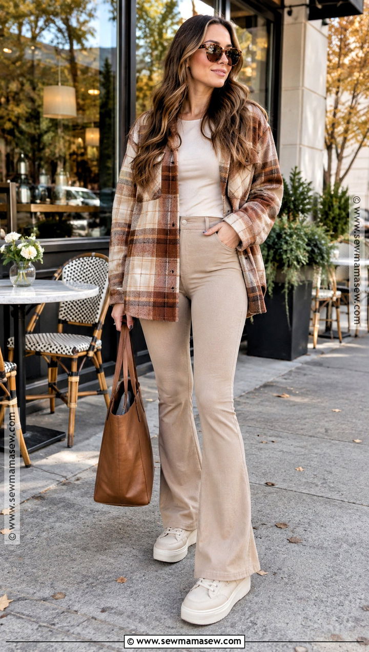 Beige Flared Leggings With Plaid Shacket And Sneakers - 20 Flared Leggings Outfit Autumn