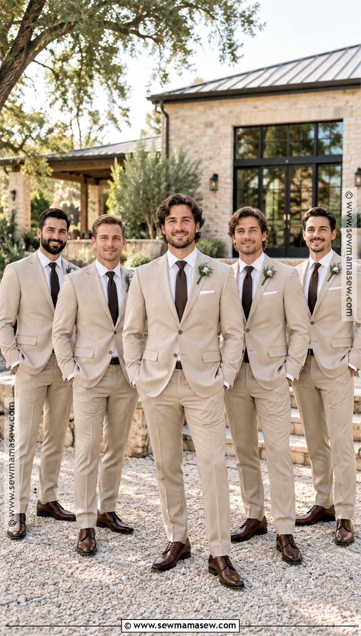 Beige Groomsmen Suits With Dark Brown Accessories - 15 september groomsmen attire ideas
