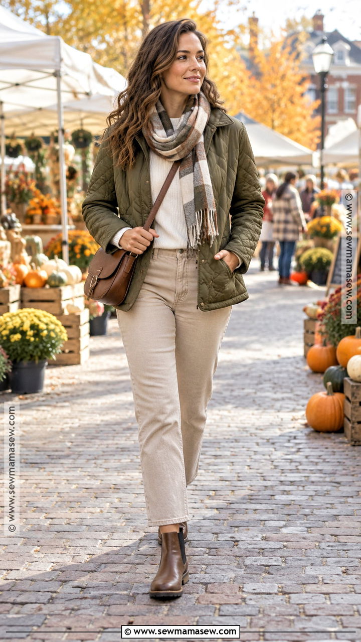 Beige Jeans With Quilted Jacket - 20 beige jeans outfit fall