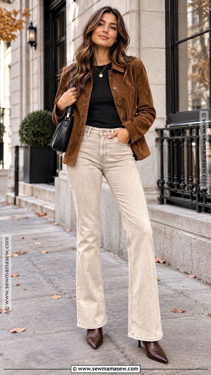 Beige Jeans With Suede Jacket - 20 beige jeans outfit fall