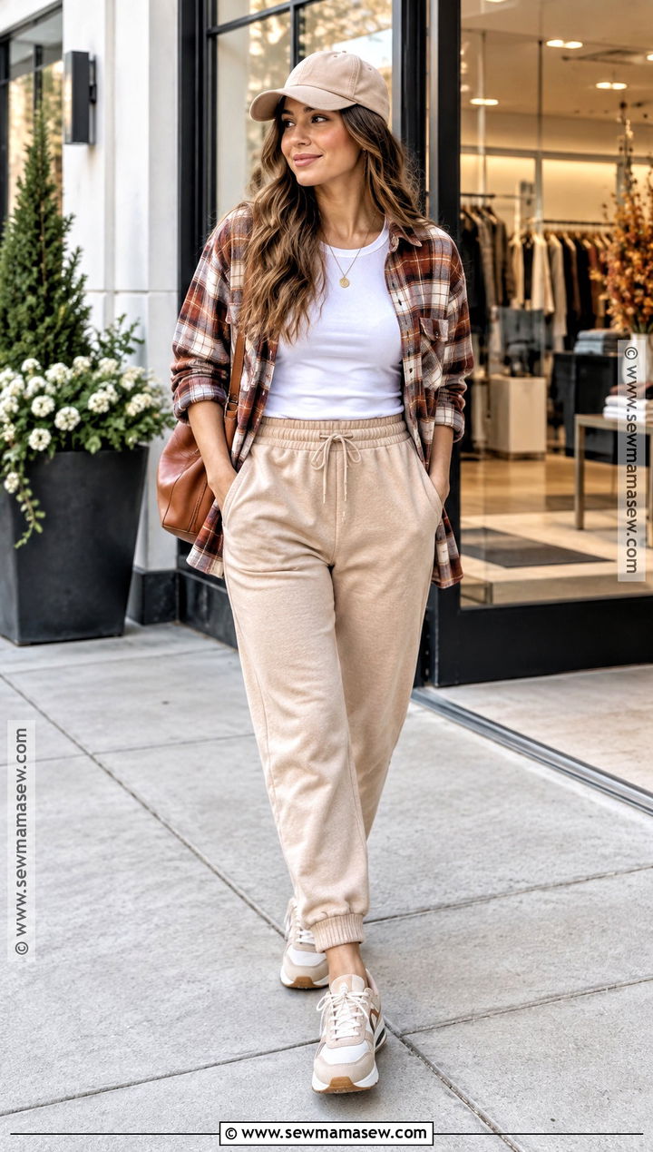 Beige Jogger Outfit With Plaid Shirt - 15 Fall Jogger Outfits Casual